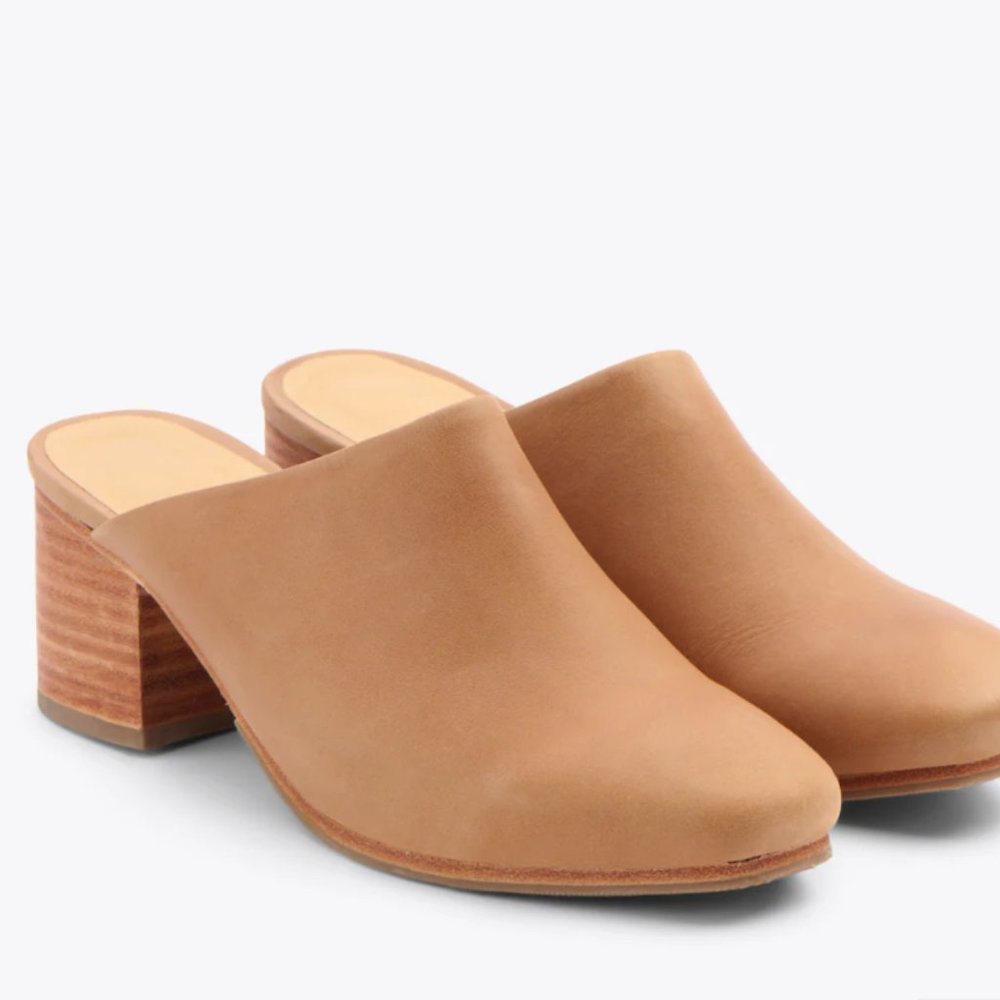 Nisolo All-Day Heeled Paloma Mules in Almond Suede